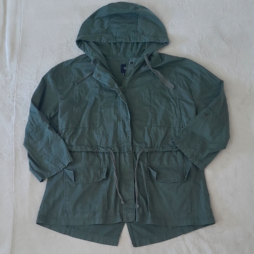 Gap Women Army Green Utility Jacket Hooded Parka Drawstring Waist Pockets Size L